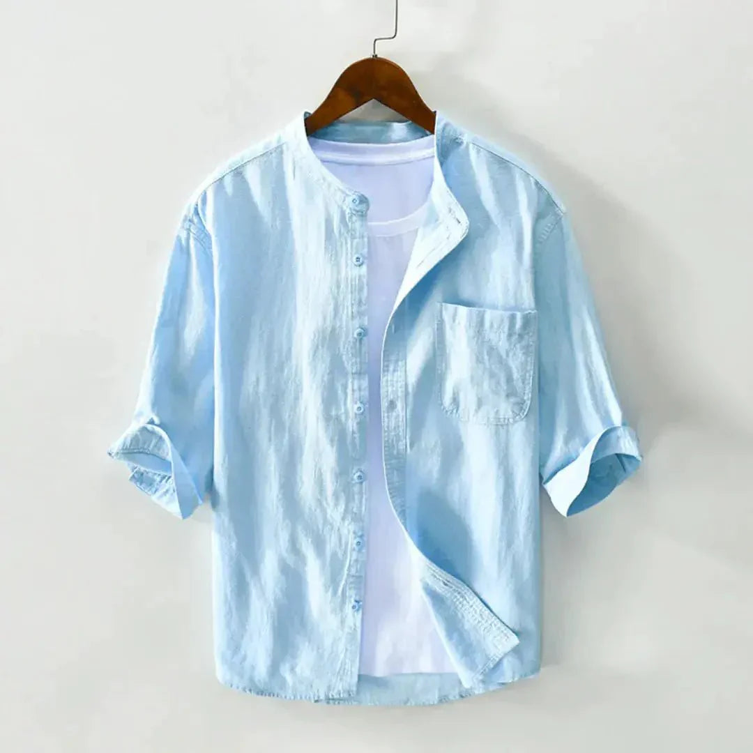 Camicia da uomo in lino — Vestibilità rilassata, maniche a tre quarti, chiusura frontale con bottoni