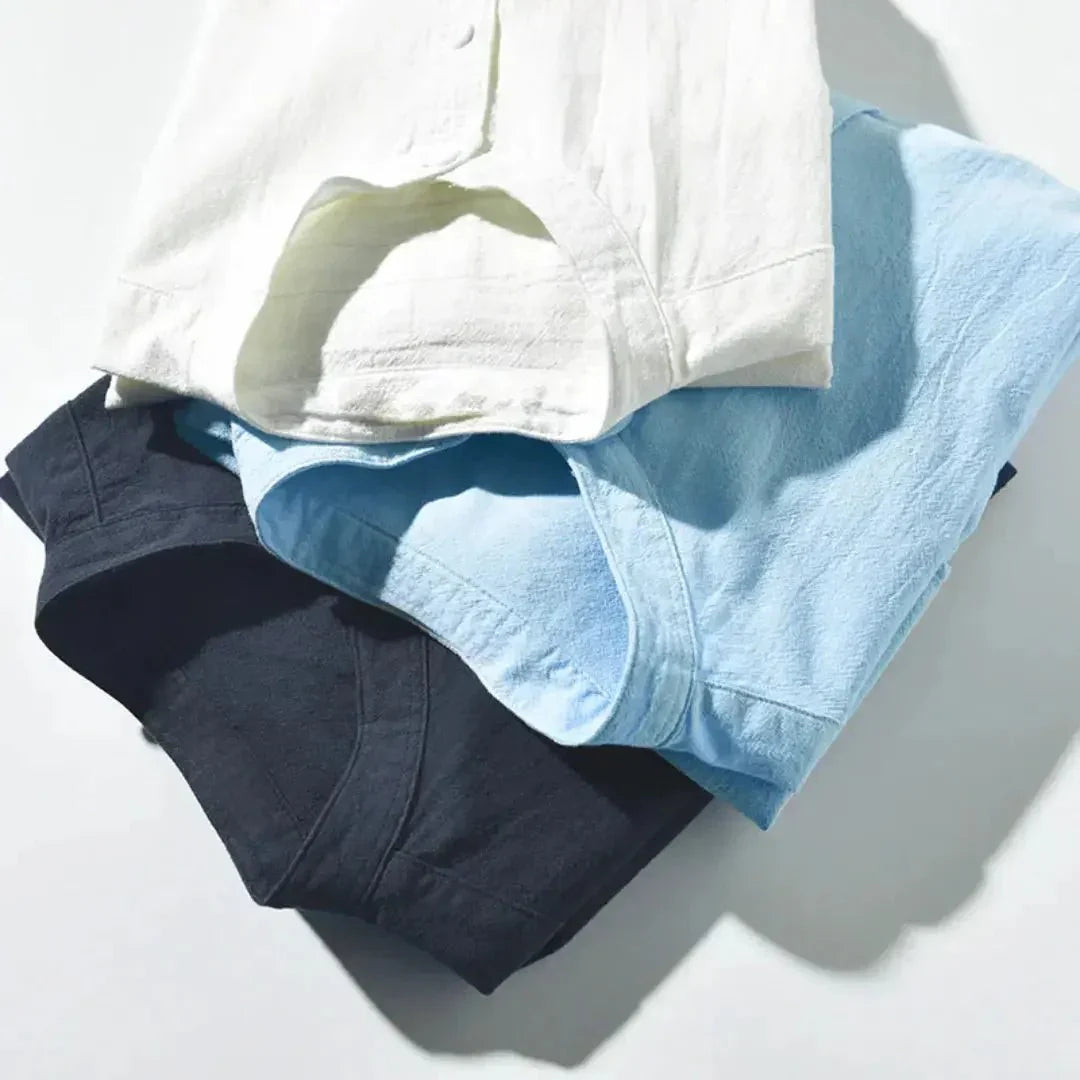 Camicia da uomo in lino — Vestibilità rilassata, maniche a tre quarti, chiusura frontale con bottoni