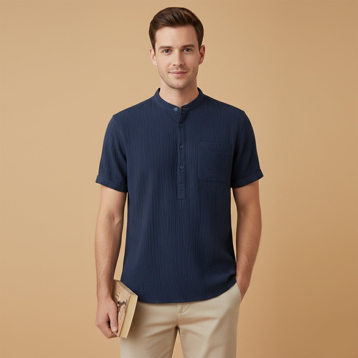 Leinenhemd Herren - Kurzarm Henley-Ausschnitt Pullover-Stil