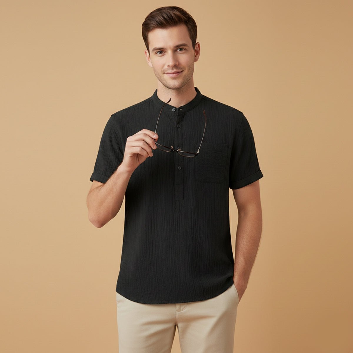 Leinenhemd Herren - Kurzarm Henley-Ausschnitt Pullover-Stil