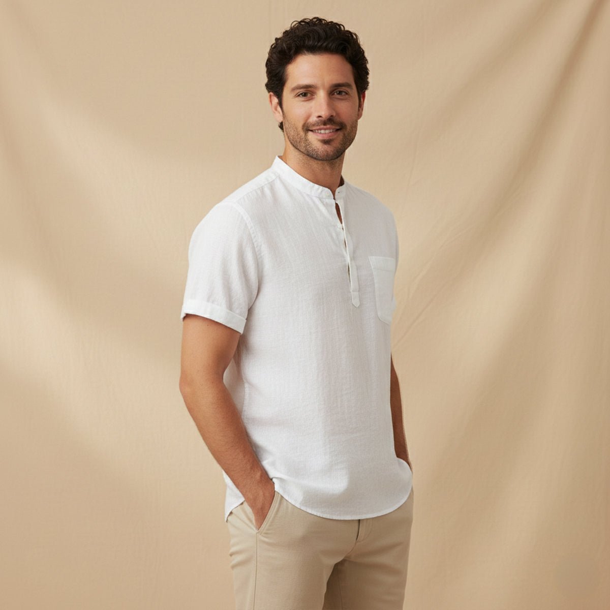Leinenhemd Herren - Kurzarm Lockere Passform Henley-Knopfleiste