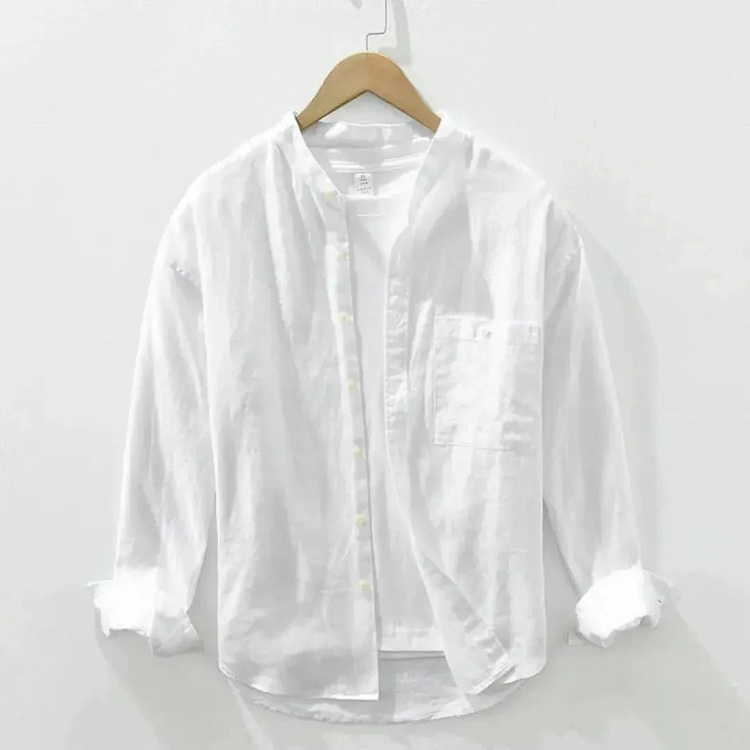 Men's Linen Shirt - Slim Fit Chest Pocket Straight Hem
