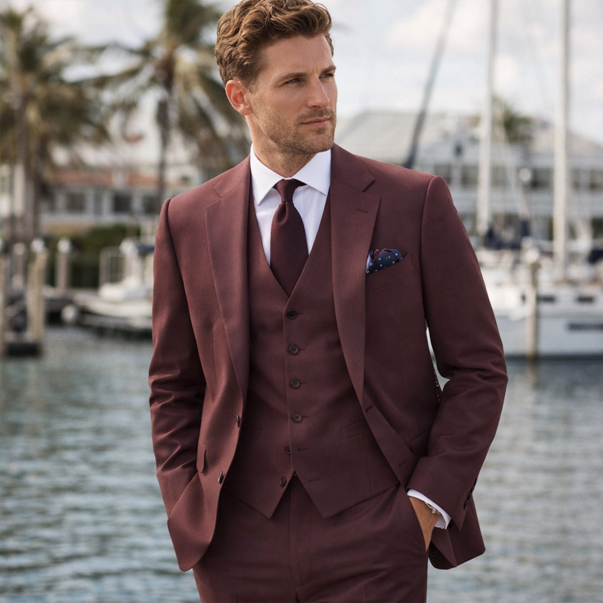 Traje de lino de tres piezas para hombre — Ajuste entallado, chaqueta, chaleco y pantalones