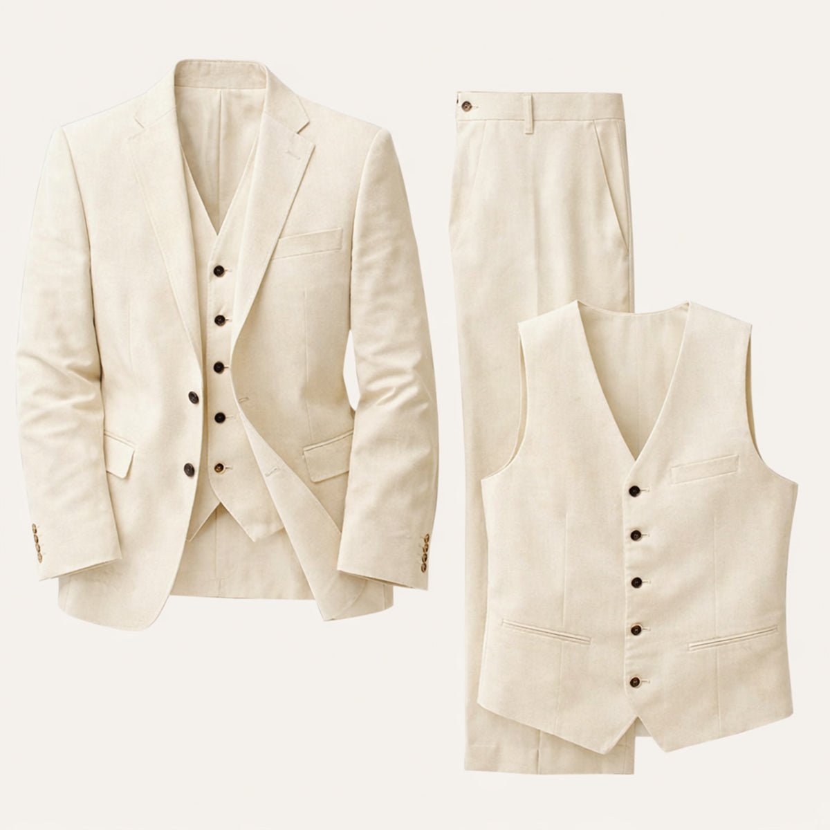 Traje de lino de tres piezas para hombre — Ajuste entallado, chaqueta, chaleco y pantalones