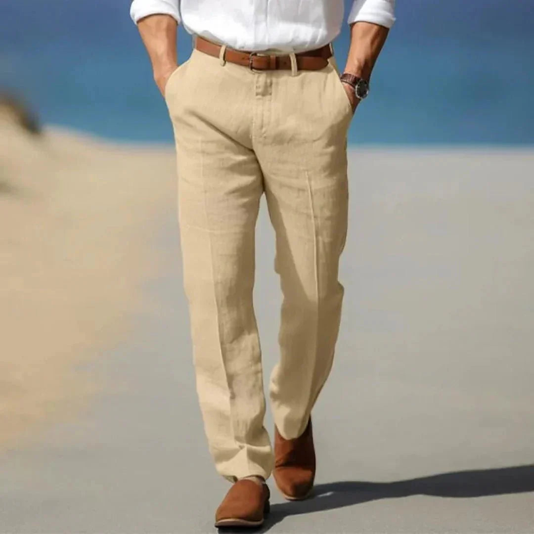 Men's Linen Trousers - Loose Fit Front Zip Closure & Belt Loops