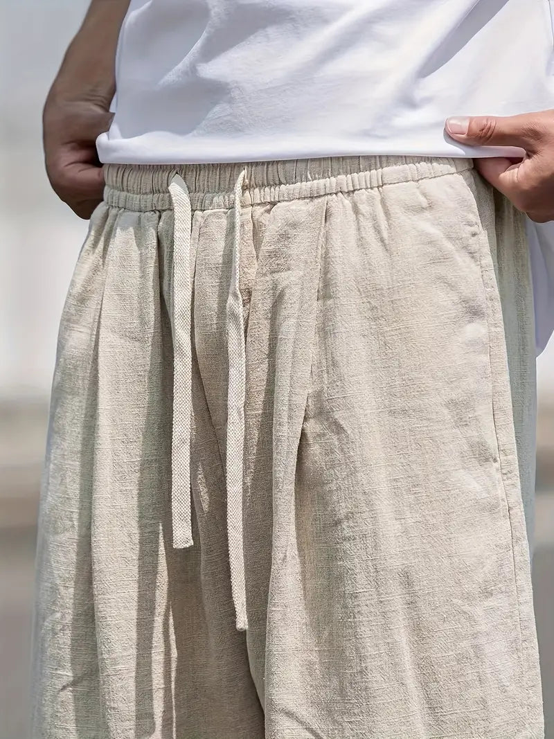 Calças Masculinas de Linho — Perna Larga, Comprimento Total e Cintura com Cordão Elástico