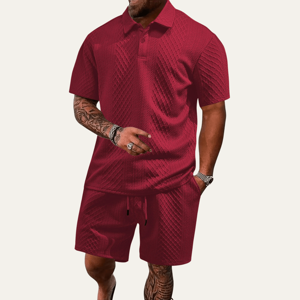 Herren-Polo-Set — Jacquard, kurzärmelig, Kordelzug-Shorts-Design  
