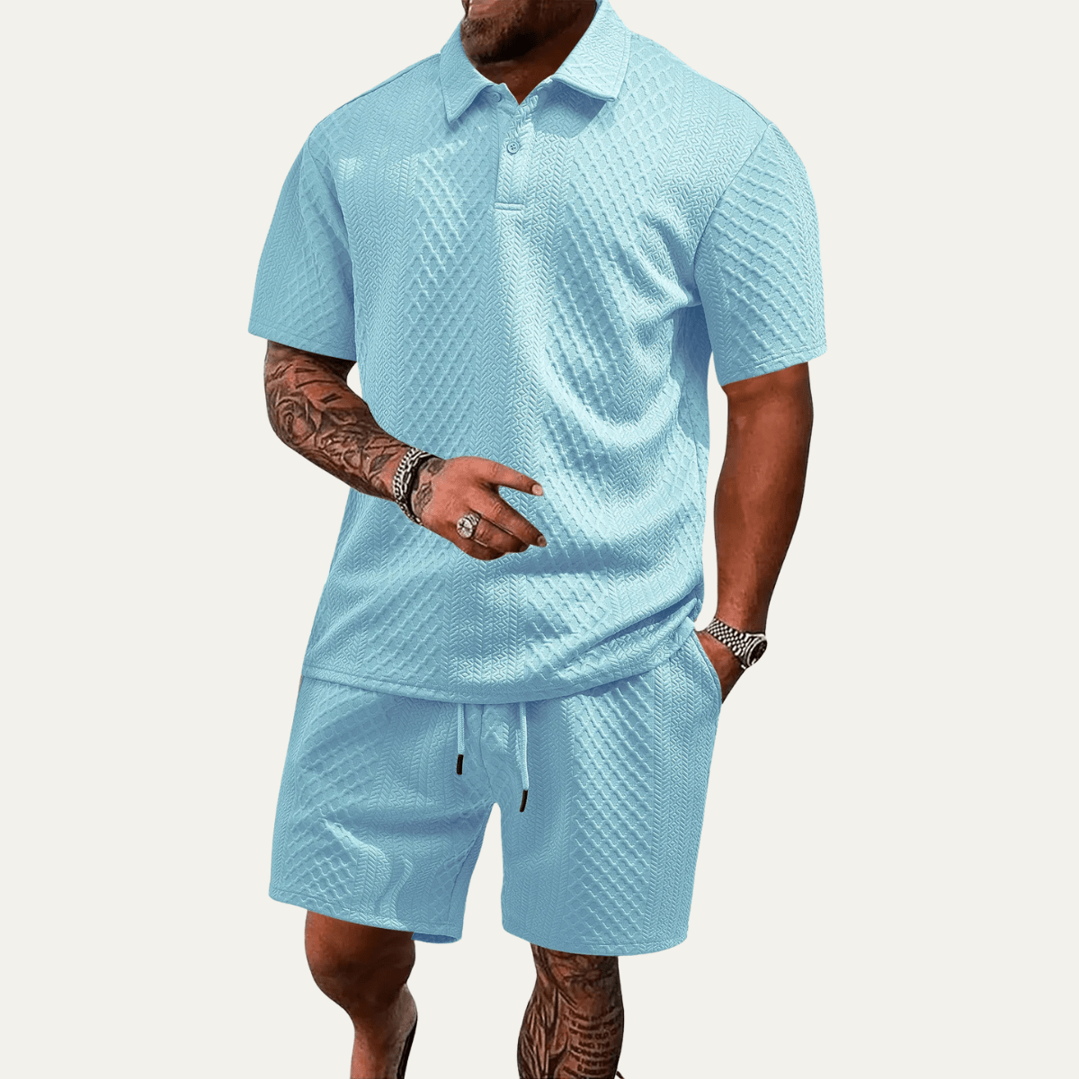 Herren-Polo-Set — Jacquard, kurzärmelig, Kordelzug-Shorts-Design  