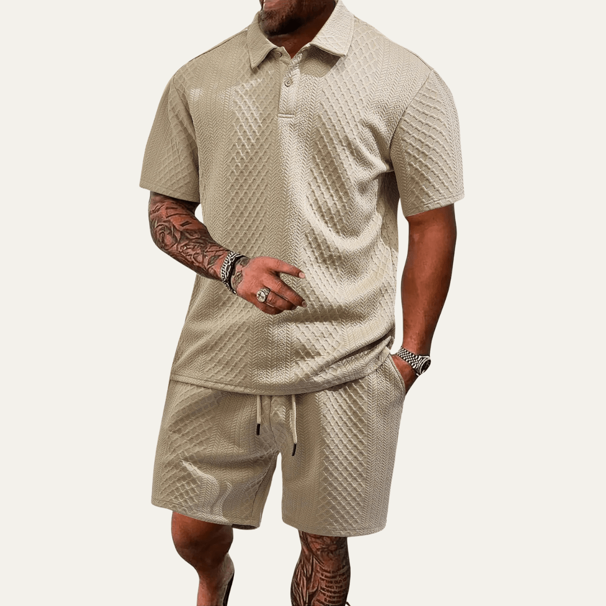 Herren-Polo-Set — Jacquard, kurzärmelig, Kordelzug-Shorts-Design  