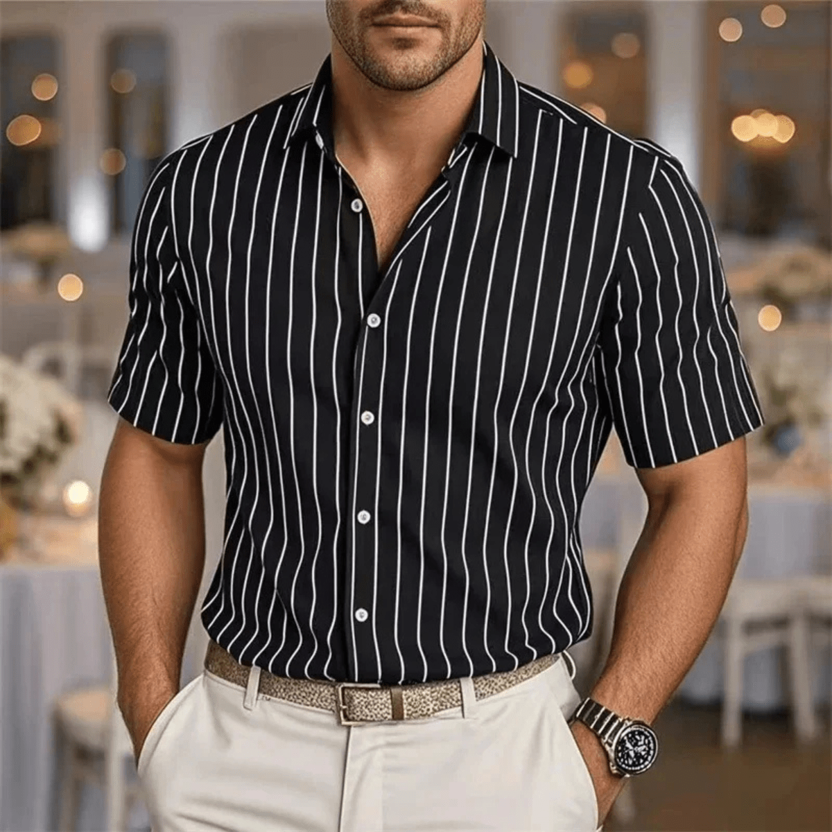 Camisa Masculina — Padrão às Riscas, Mangas Compridas e Placa de Botões