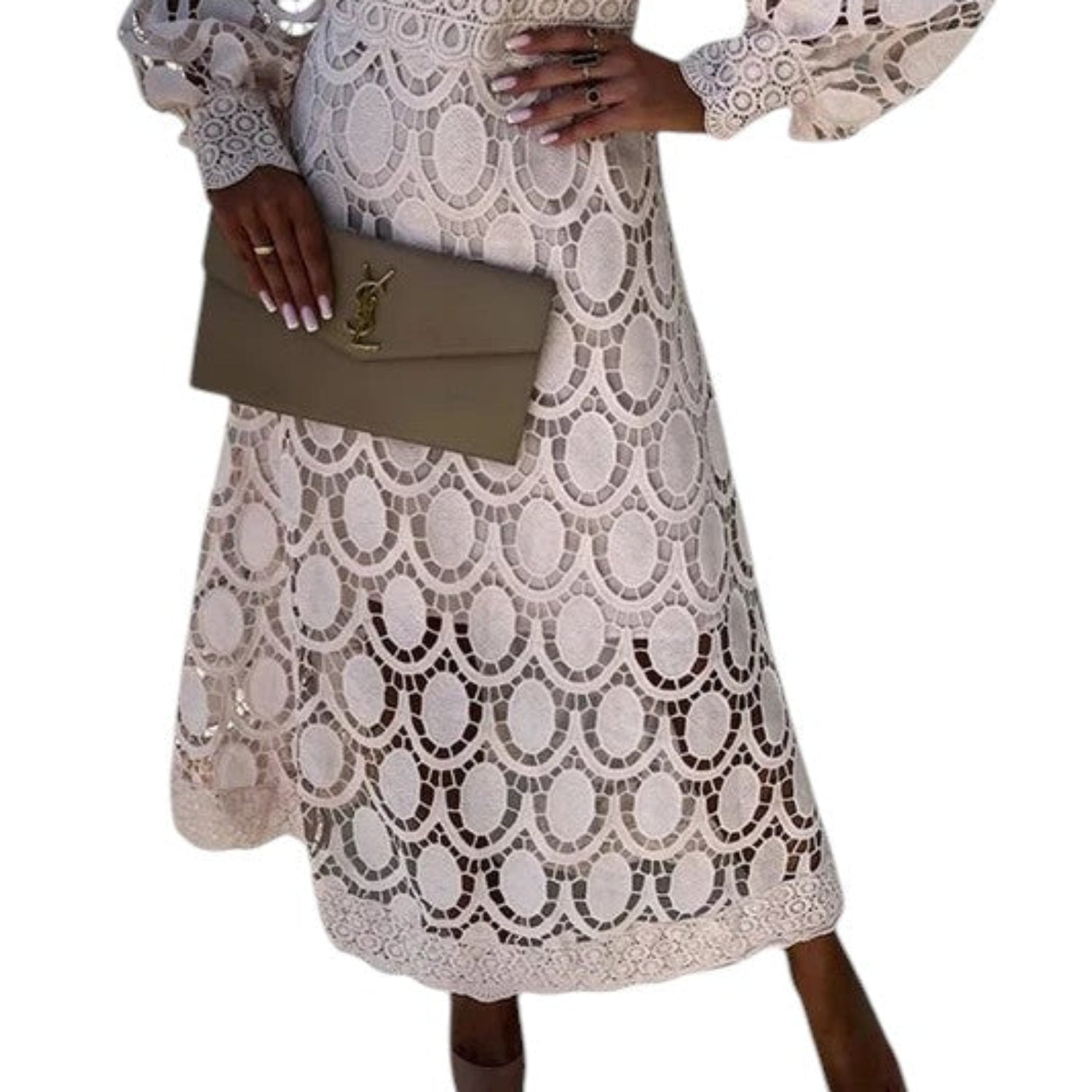 Robe midi femme dentelle col montant manches bouffantes occasions élégantes