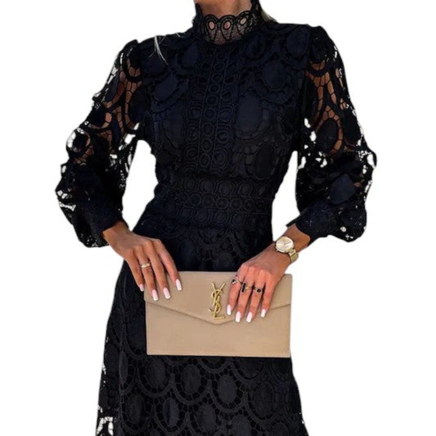 Robe midi femme dentelle col montant manches bouffantes occasions élégantes