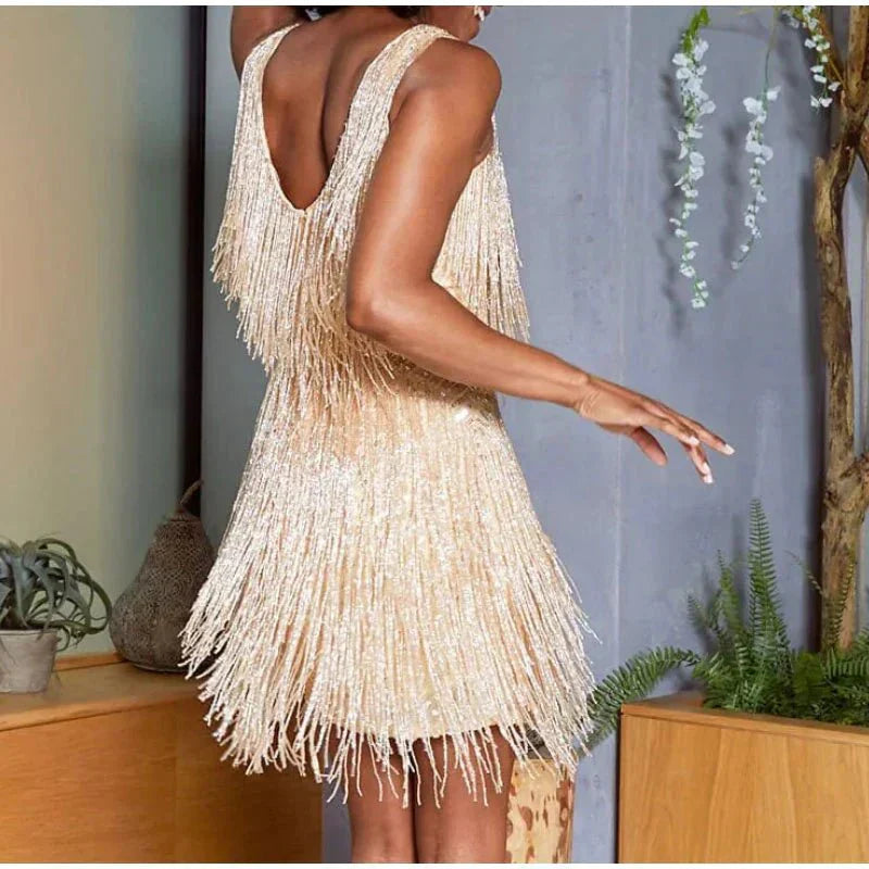 Minikleid Damen Paillettenoberfläche mit Federdetail Designmerkmal