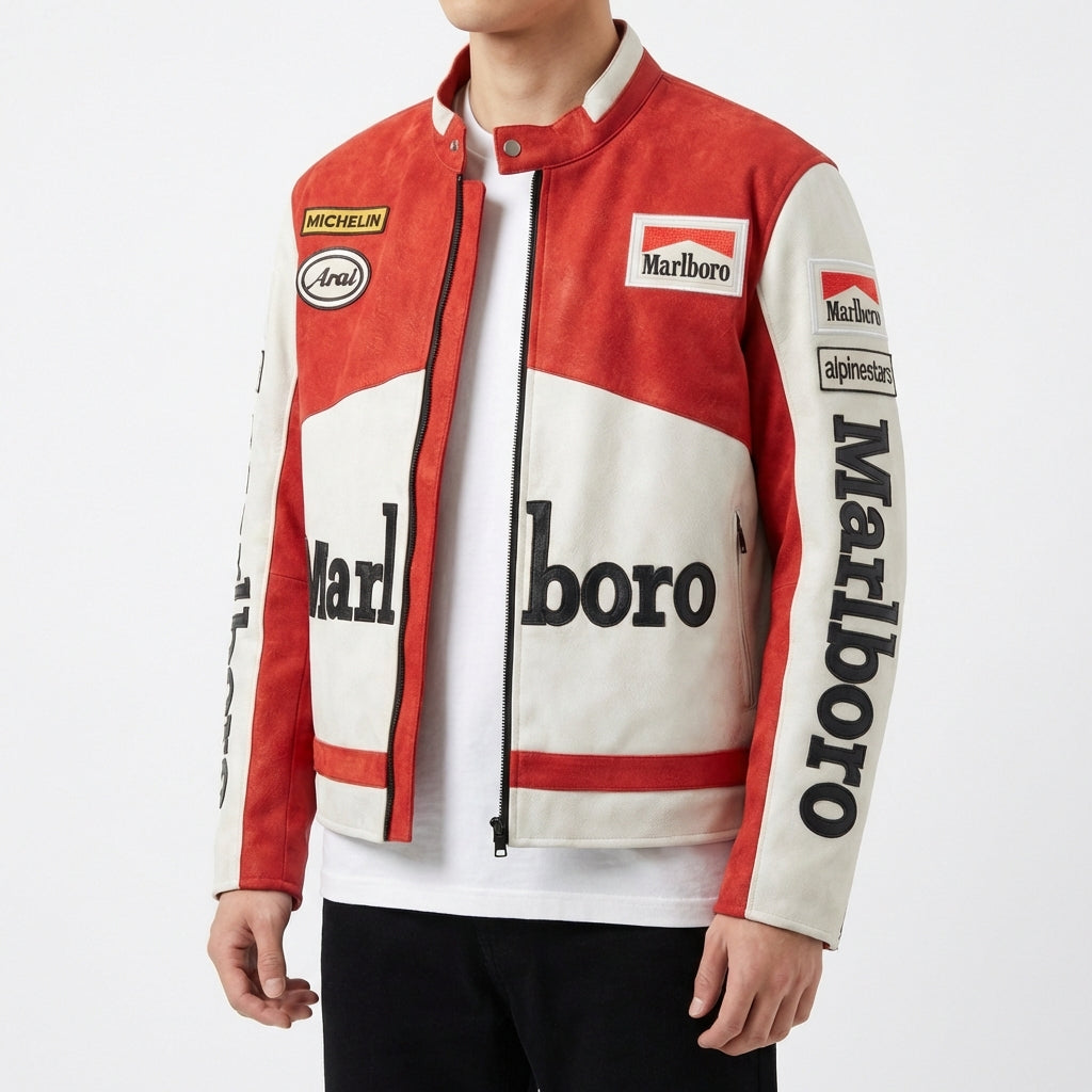 Veste Color Block Marlboro Racing Rouge Blanc | Zip Avant Logo Patché Style Moto