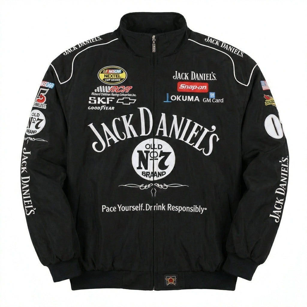 Jack Daniel's Old No. 7 Racing Jacke Schwarz | Voller Zip mit NASCAR Sponsor Logos