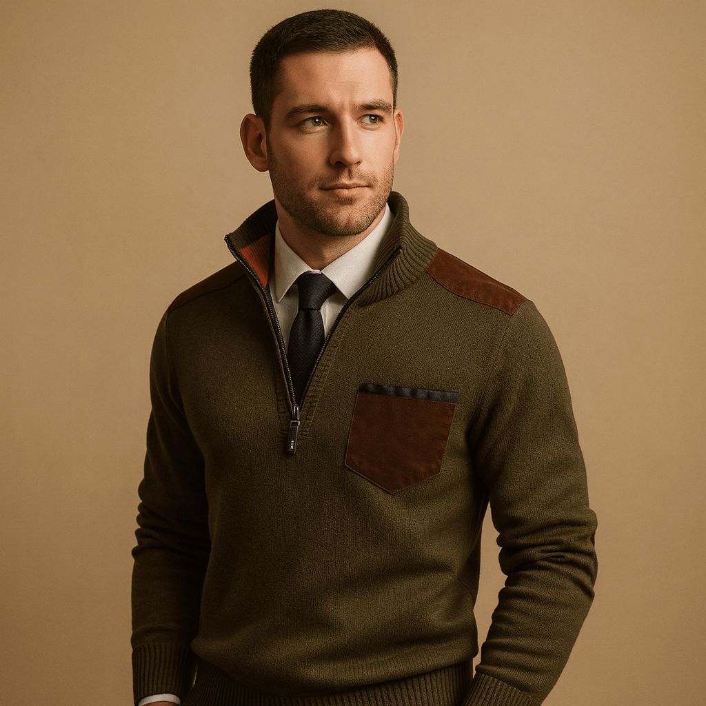 Pulôver Masculino Meia-Zíper com Gola Design com Bolso no Peito