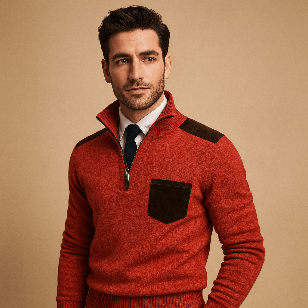 Pulôver Masculino Meia-Zíper com Gola Design com Bolso no Peito