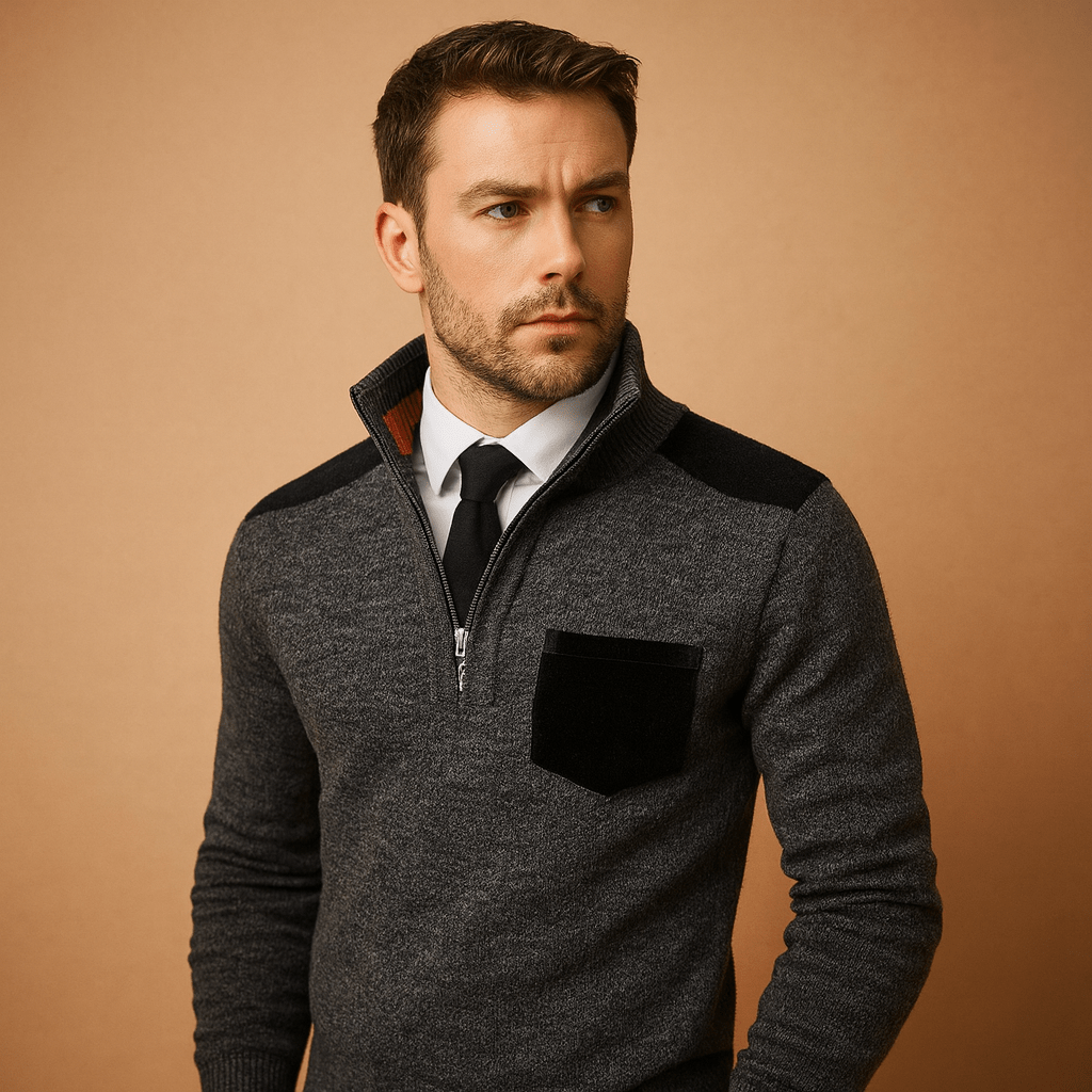 Pulôver Masculino Meia-Zíper com Gola Design com Bolso no Peito