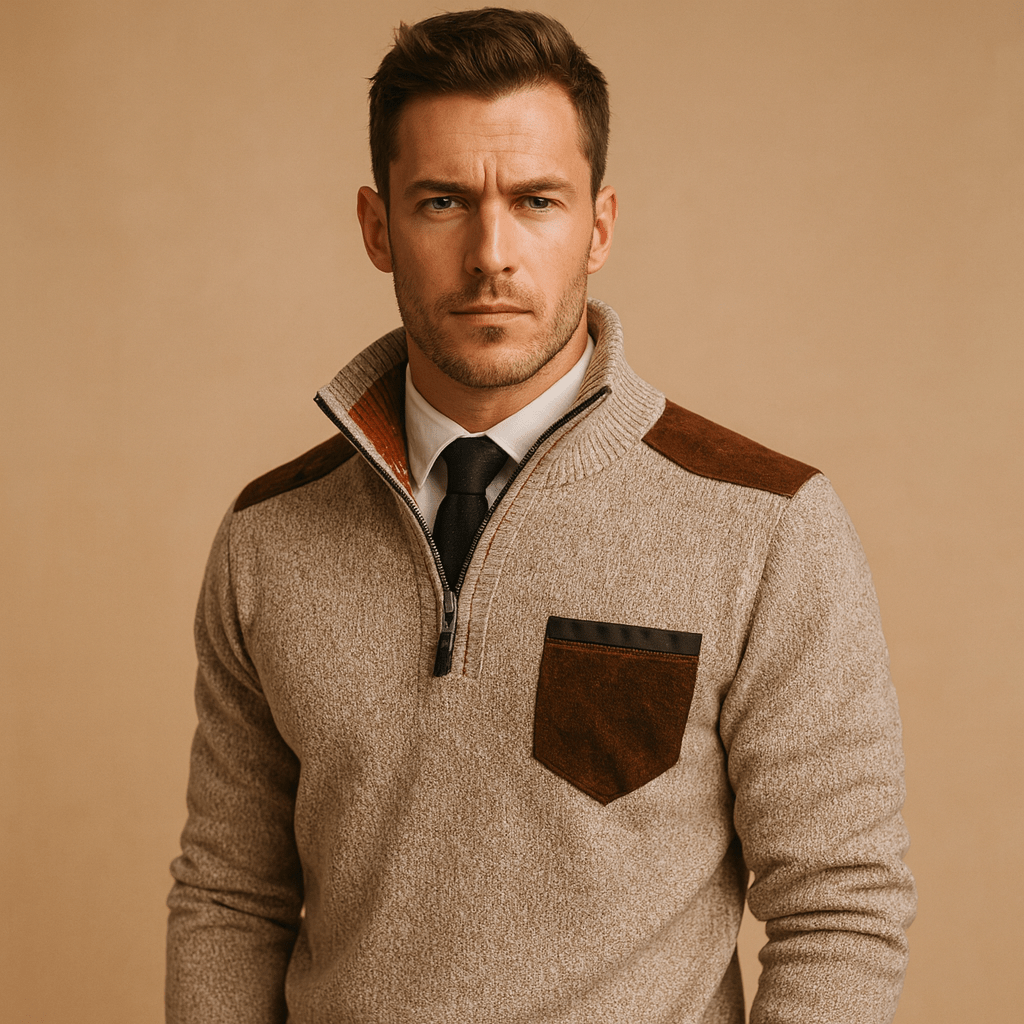 Pulôver Masculino Meia-Zíper com Gola Design com Bolso no Peito