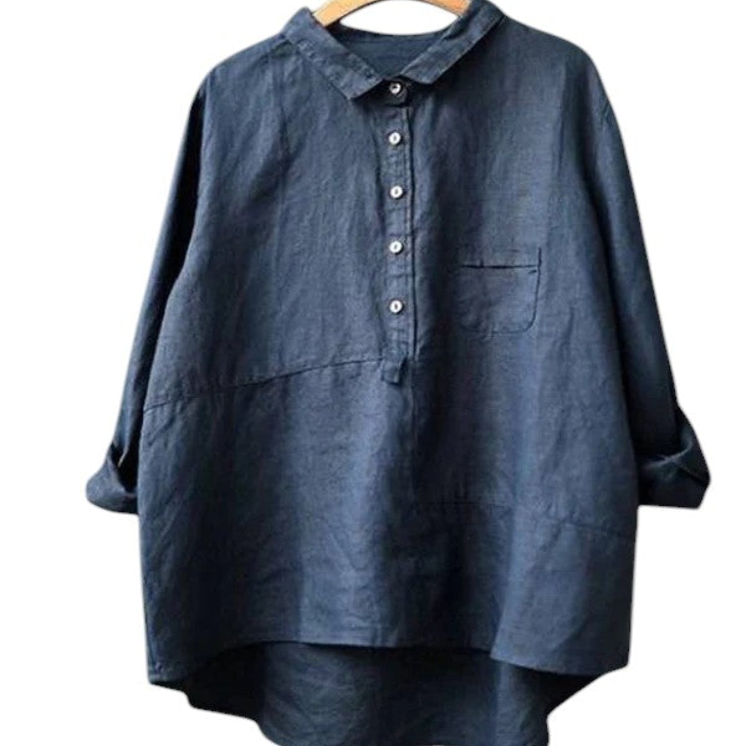 Camisa para mujer de algodón y lino, manga larga, cuello con solapa, corte relajado y color sólido