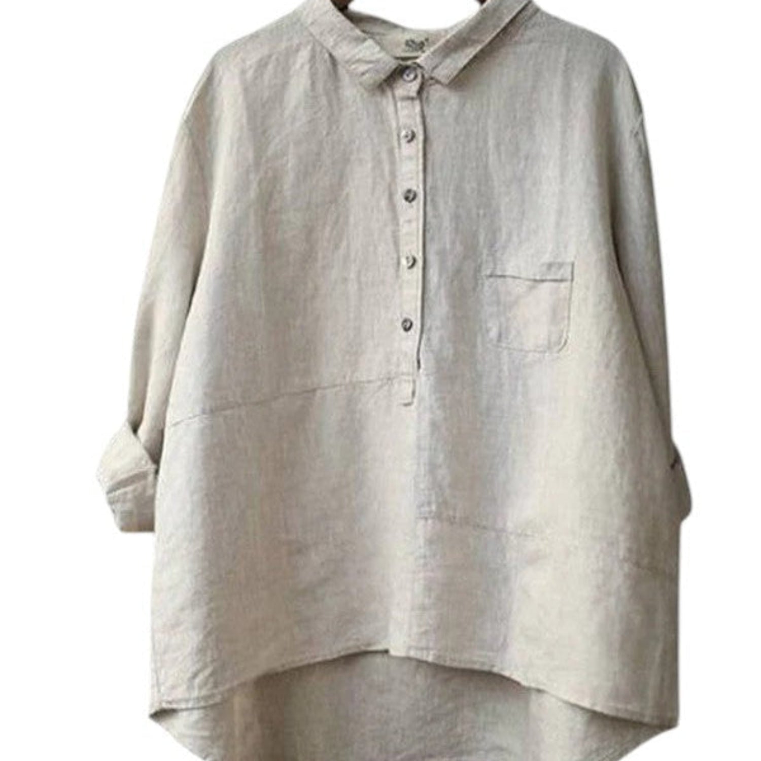 Camisa para mujer de algodón y lino, manga larga, cuello con solapa, corte relajado y color sólido