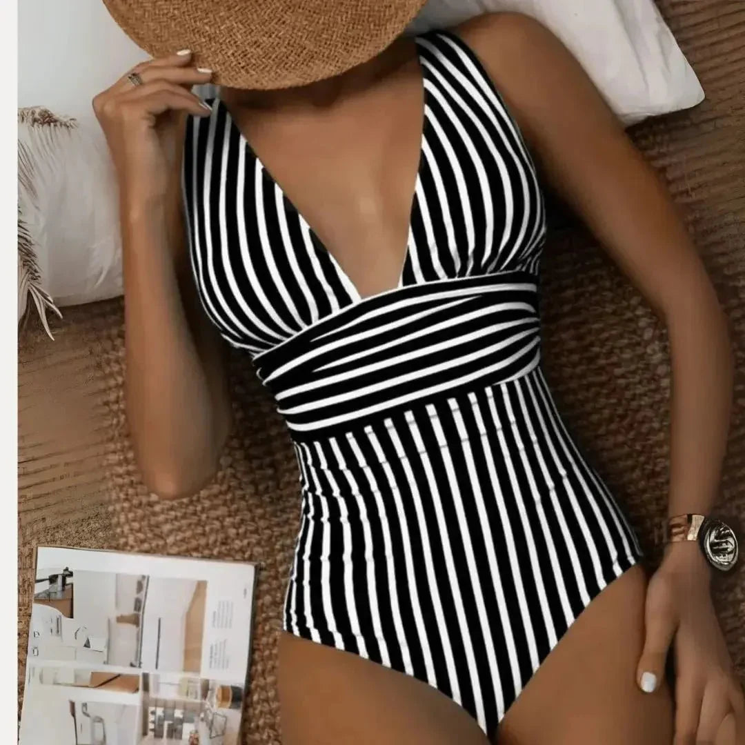 Bañador de una pieza para mujer, escote profundo en V, cuello halter, copas removibles