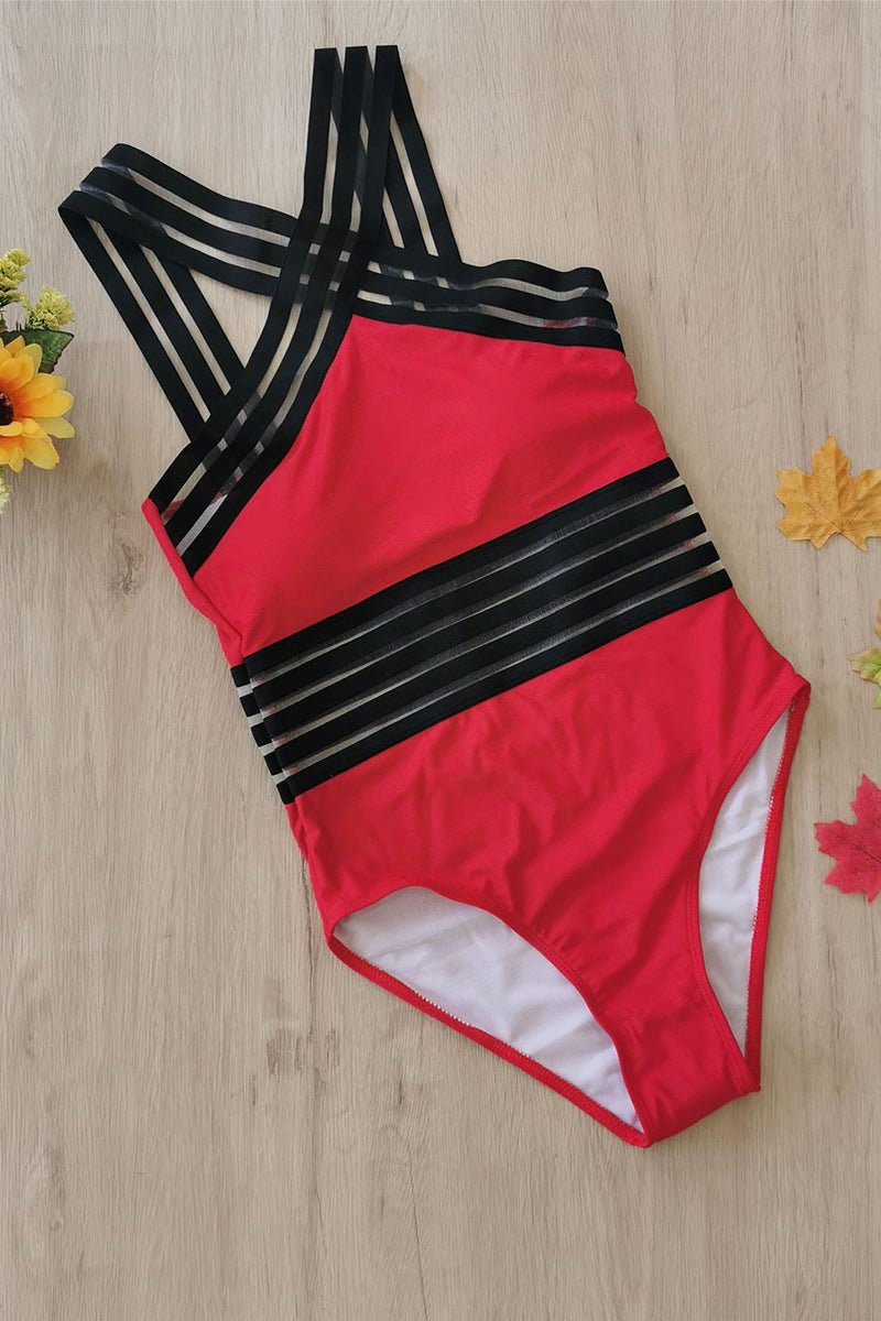 Costume intero da donna, collo halter, spalline sottili, pannello trasparente in vita