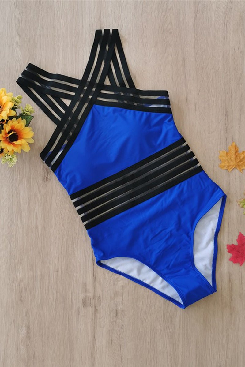 Costume intero da donna, collo halter, spalline sottili, pannello trasparente in vita