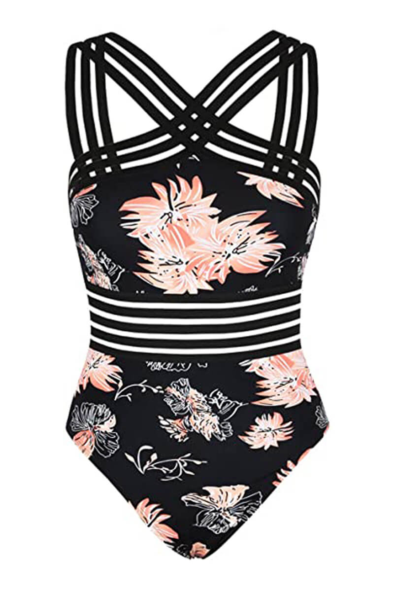 Costume intero da donna, collo halter, spalline sottili, pannello trasparente in vita