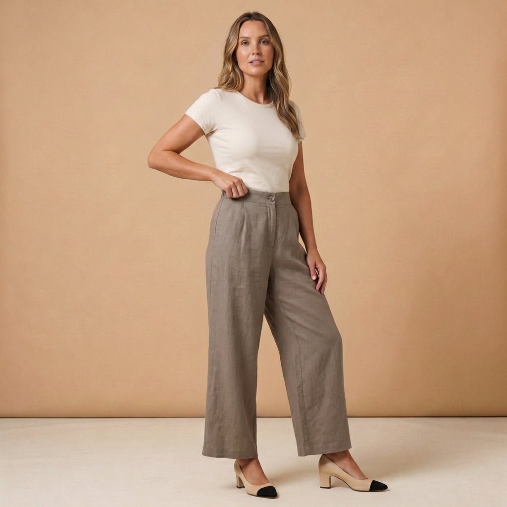 Pantalones de lino para mujer, cintura alta, pierna ancha, cierre con botón y cremallera