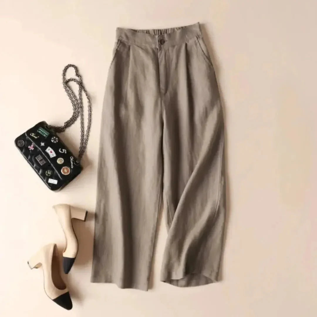 Pantalones de lino para mujer, cintura alta, pierna ancha, cierre con botón y cremallera