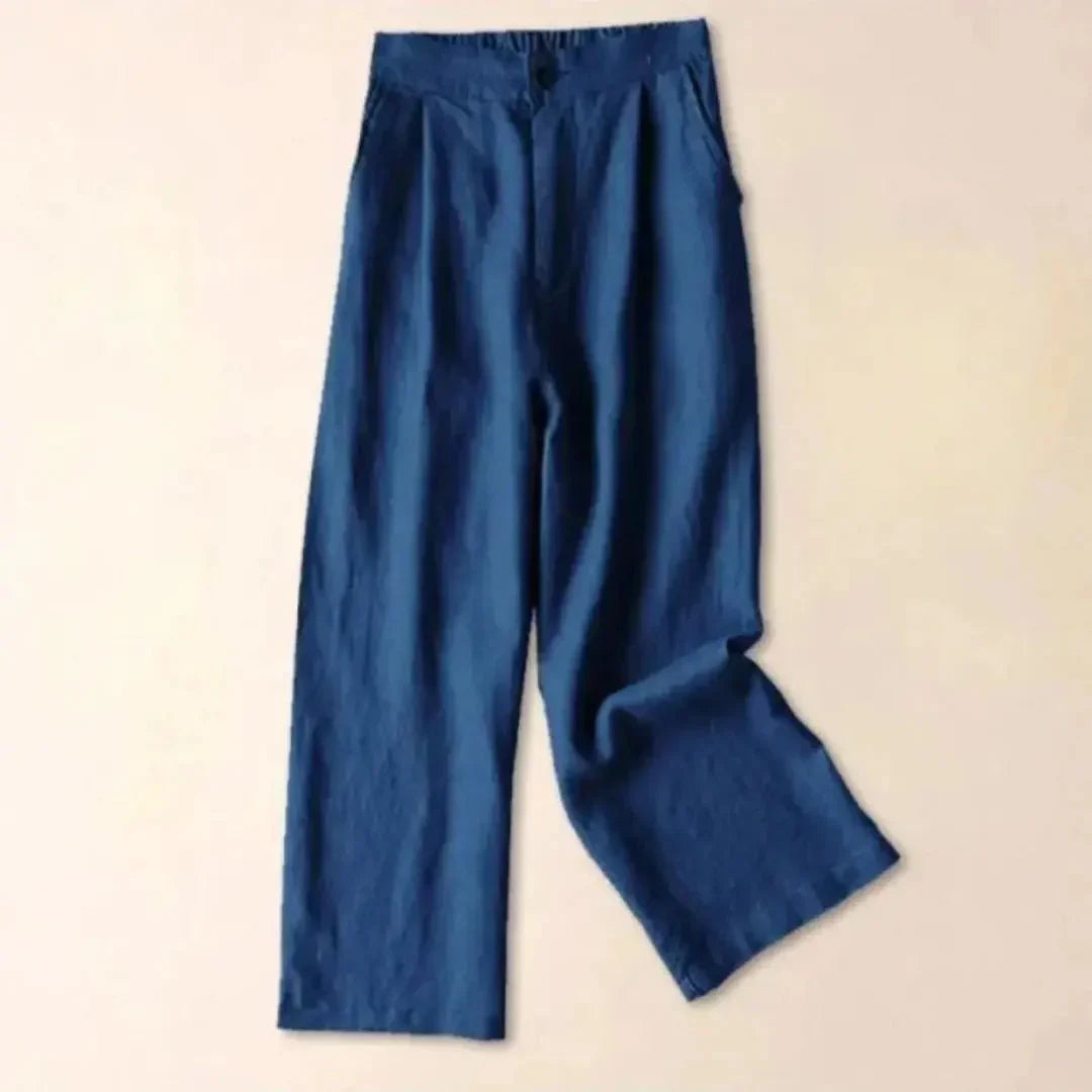 Pantalones de lino para mujer, cintura alta, pierna ancha, cierre con botón y cremallera