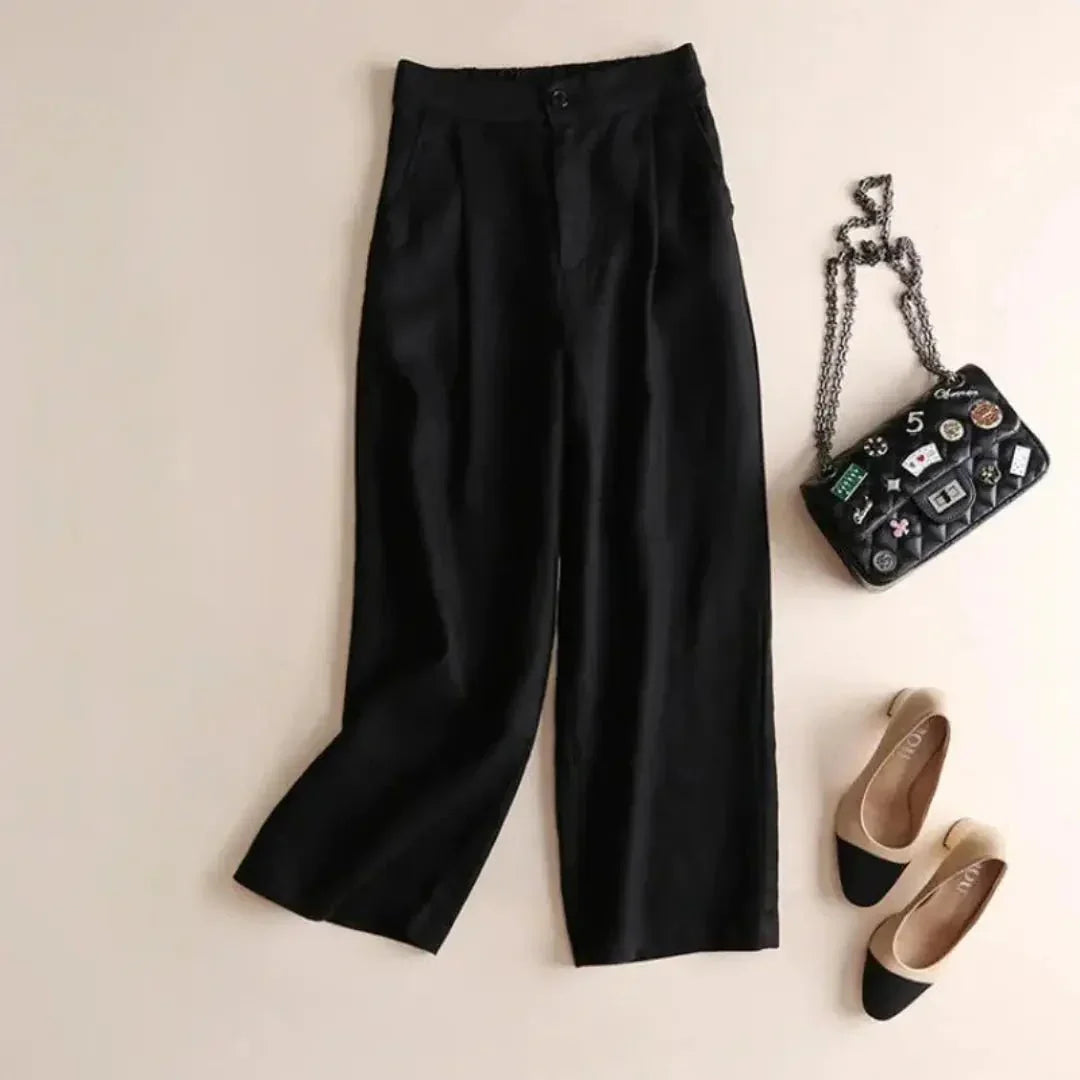 Pantalones de lino para mujer, cintura alta, pierna ancha, cierre con botón y cremallera