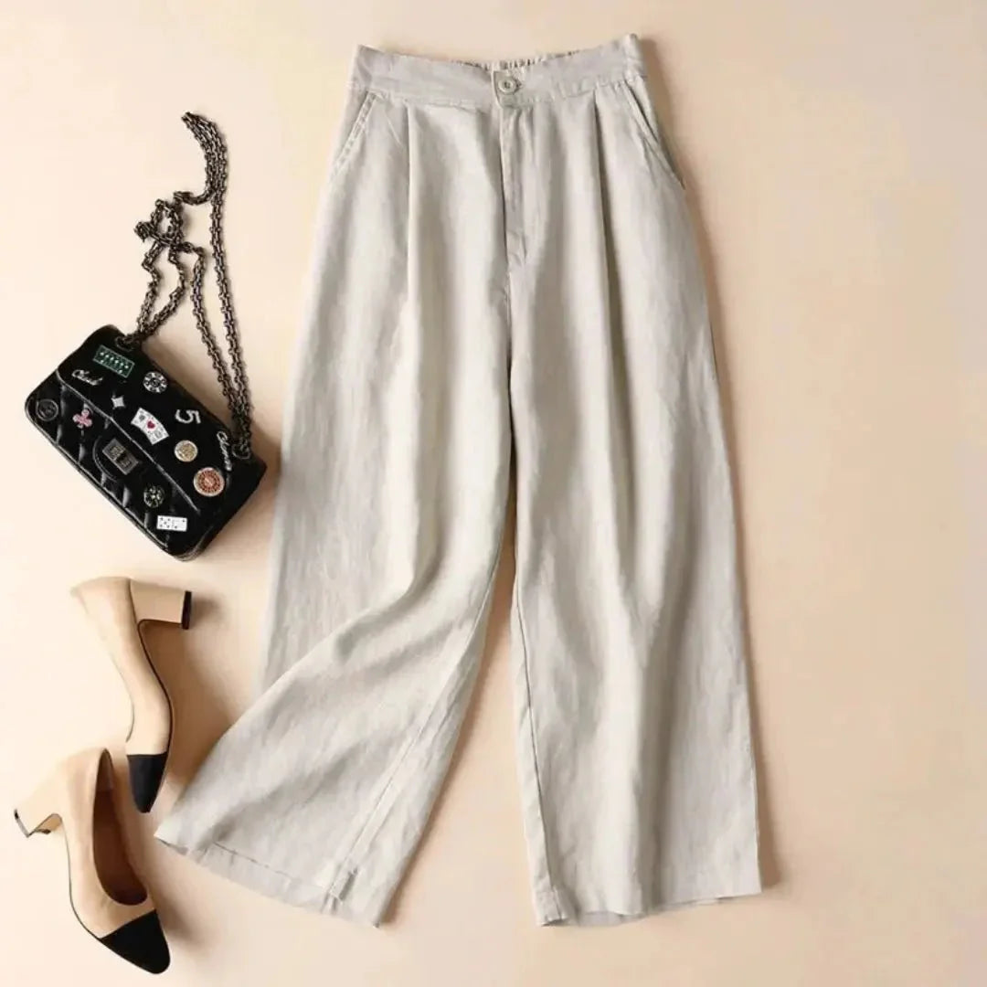 Pantalones de lino para mujer, cintura alta, pierna ancha, cierre con botón y cremallera