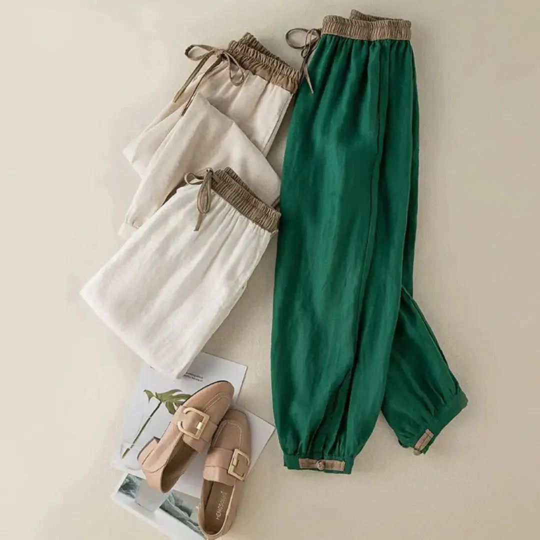 Pantalones de lino para mujer, corte relajado, cordón ajustable en los puños