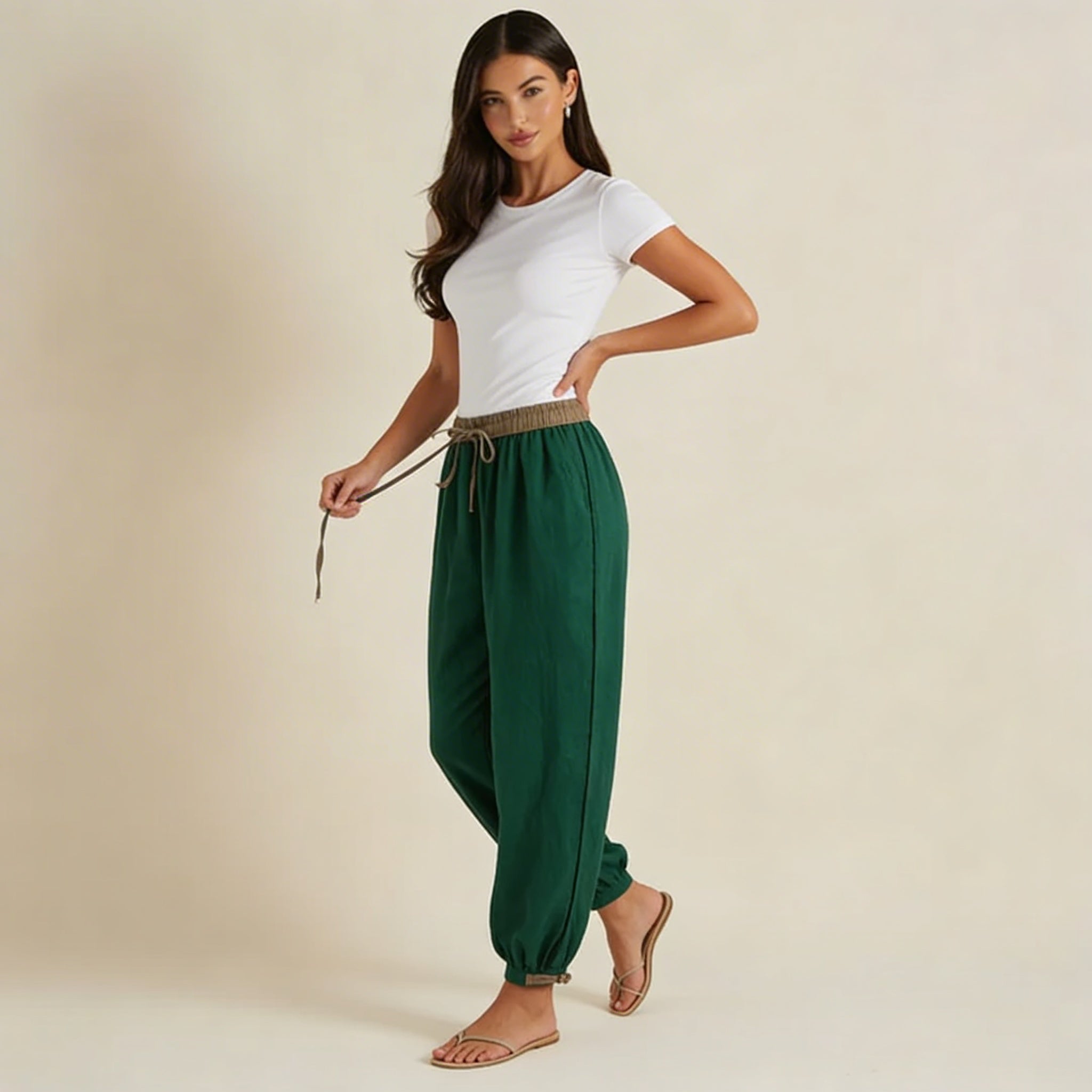 Pantalones de lino para mujer, corte relajado, cordón ajustable en los puños
