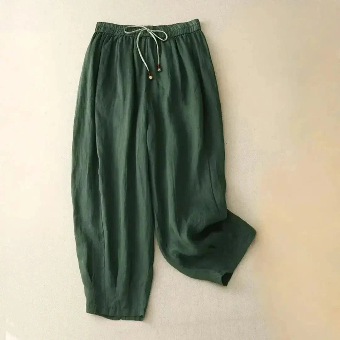 Pantalon en lin pour femme coupe décontractée jambe fuselée taille à cordon