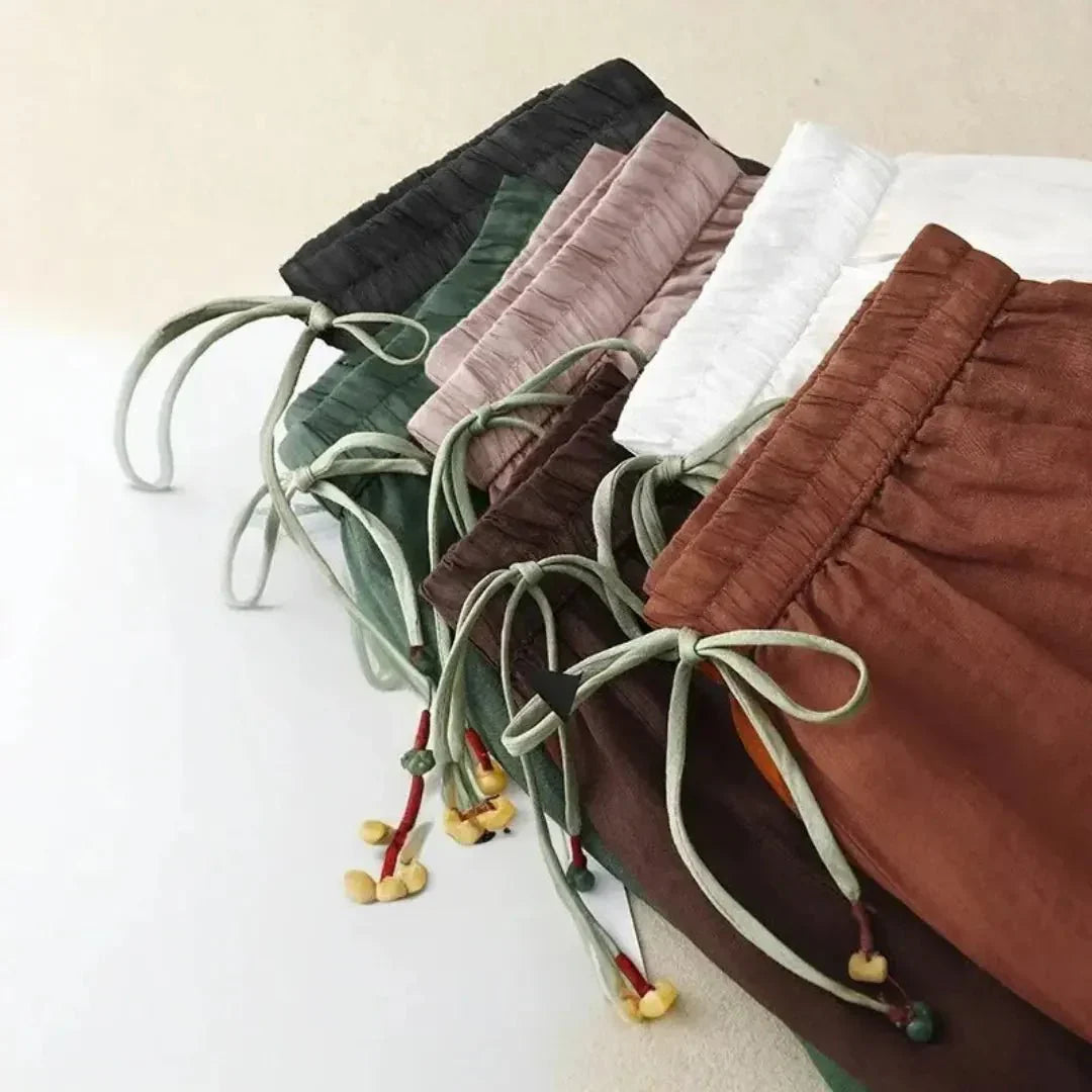 Pantalon en lin pour femme coupe décontractée jambe fuselée taille à cordon