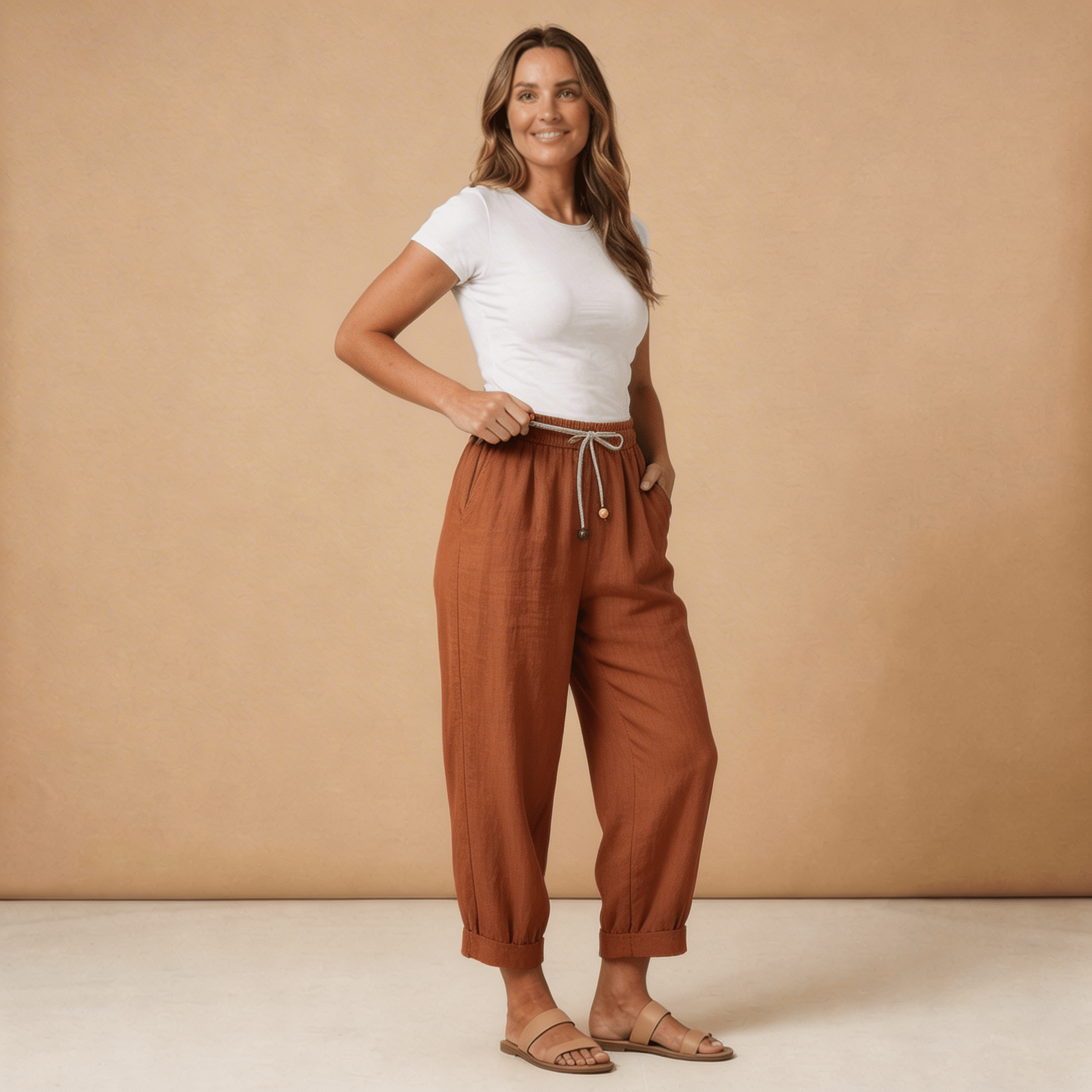 Pantalon en lin pour femme coupe décontractée jambe fuselée taille à cordon