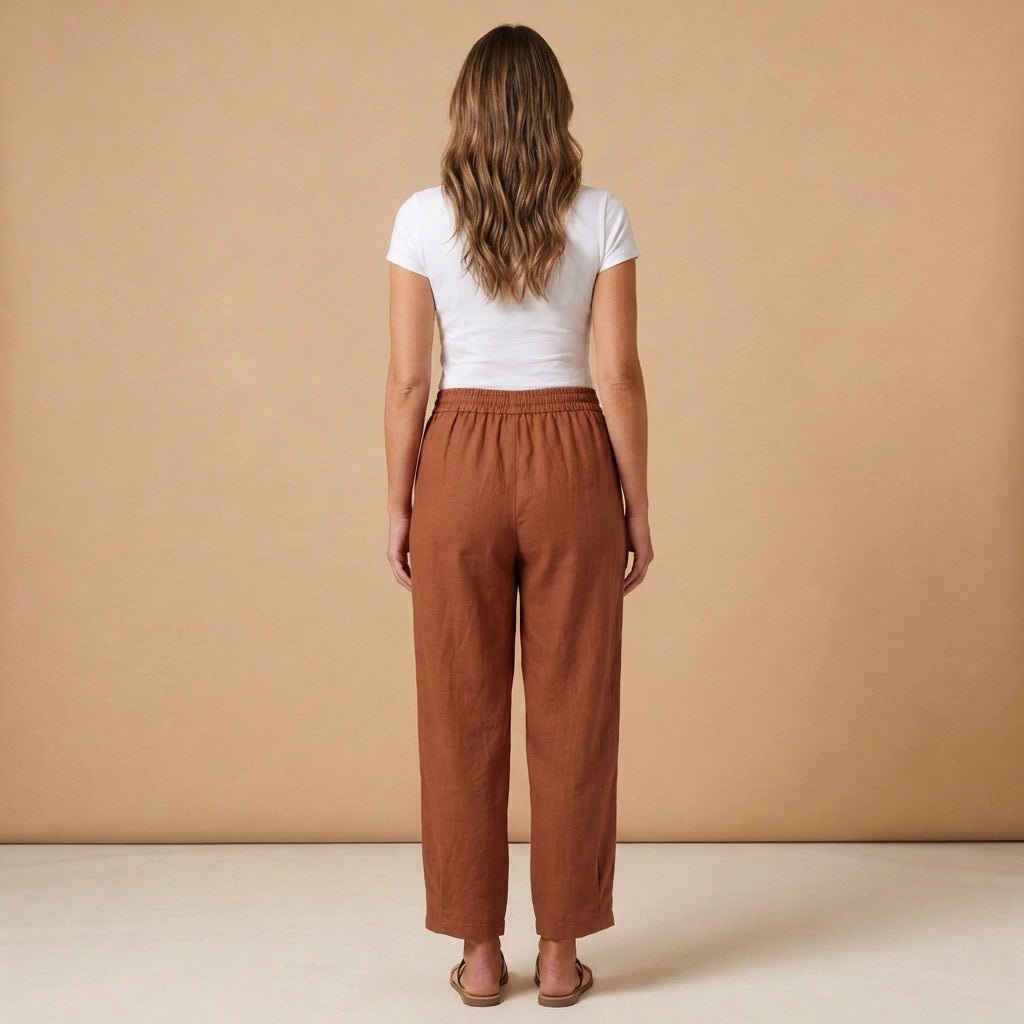 Pantalon en lin pour femme coupe décontractée jambe fuselée taille à cordon