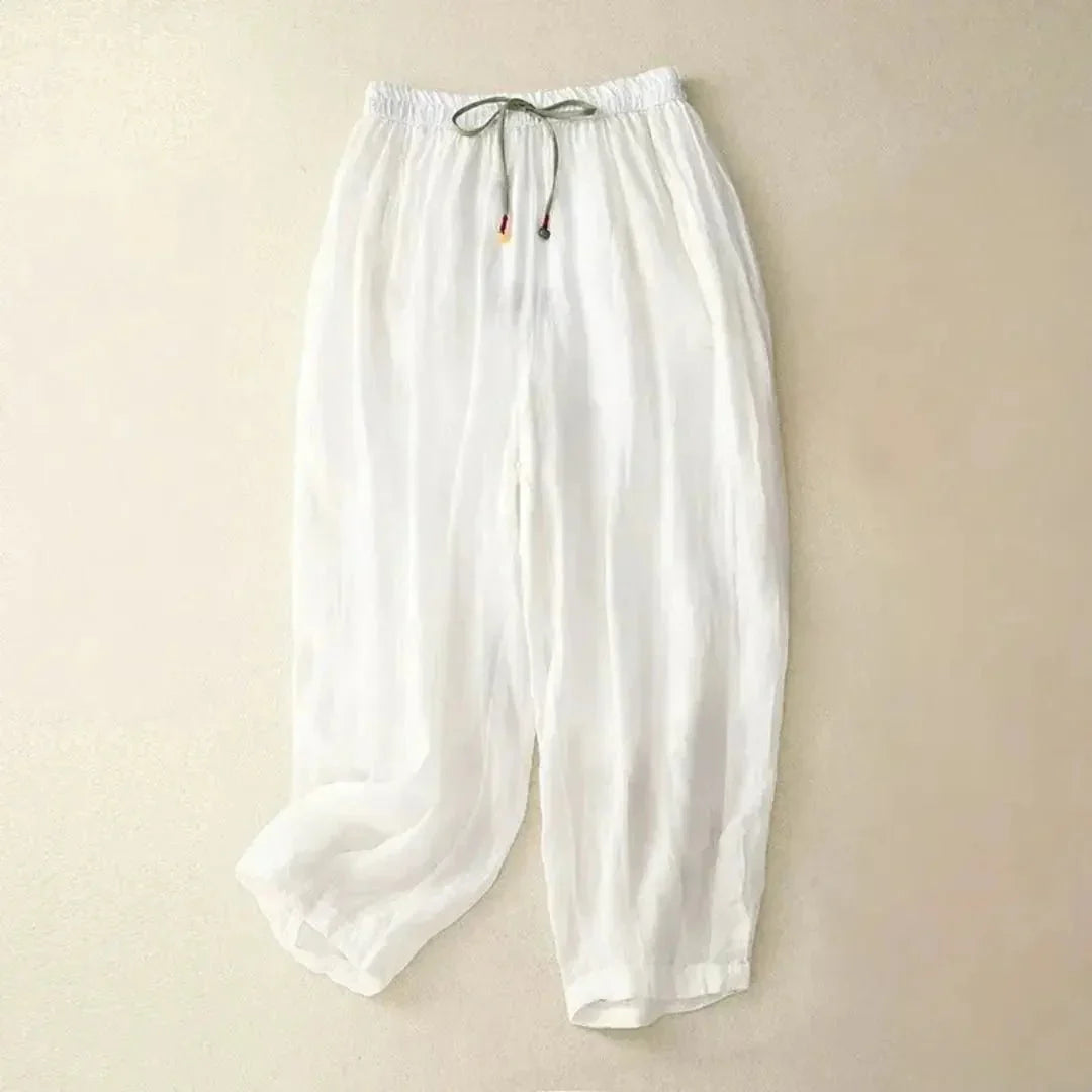 Pantalon en lin pour femme coupe décontractée jambe fuselée taille à cordon