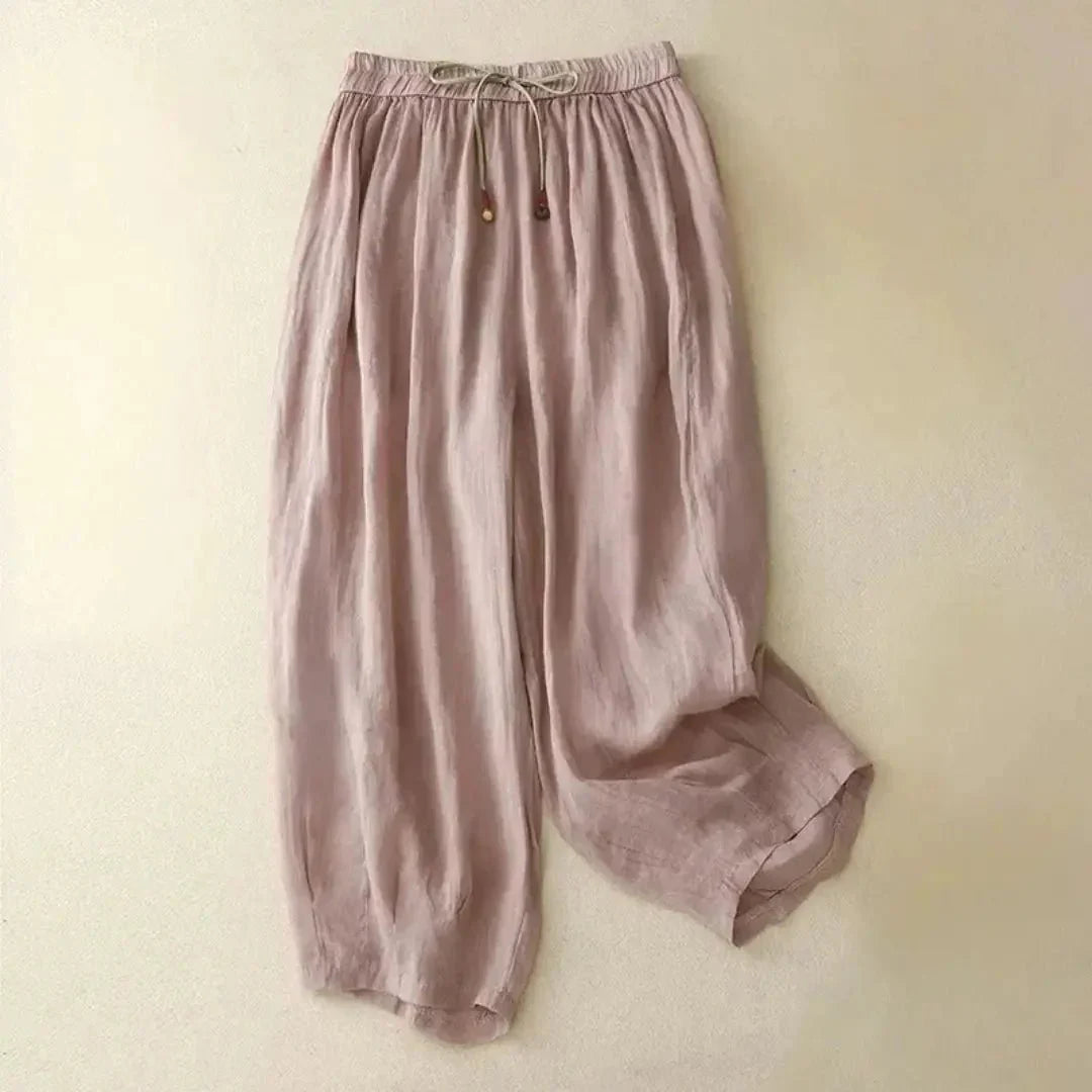 Pantalon en lin pour femme coupe décontractée jambe fuselée taille à cordon