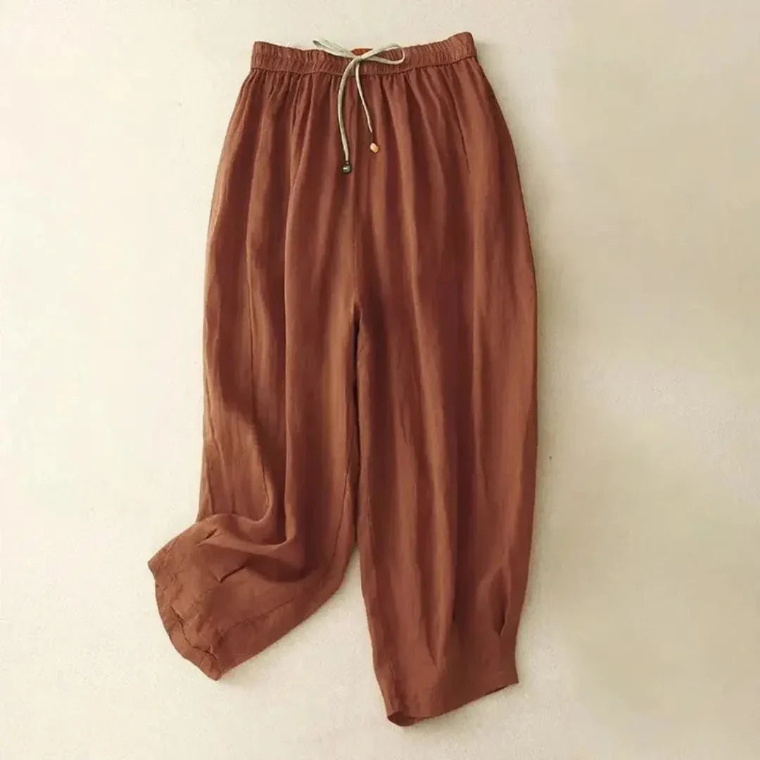 Pantalon en lin pour femme coupe décontractée jambe fuselée taille à cordon