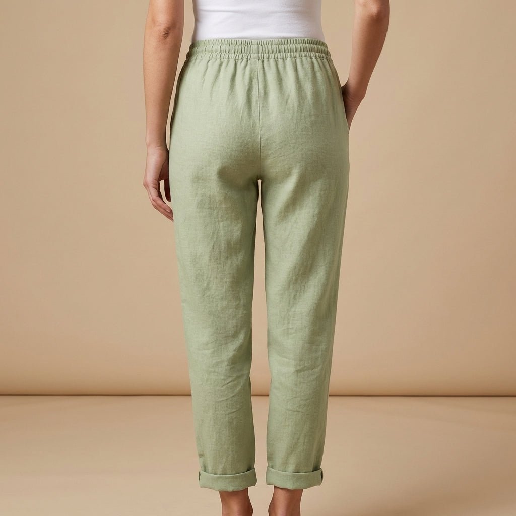 Dames linnen broek taps toelopende pasvorm met elastische taille en trekkoord
