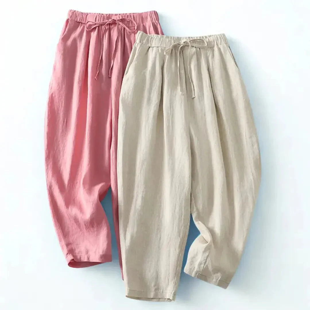 Pantalones de lino para mujer, pierna ancha, largo hasta el tobillo, cintura con cordón