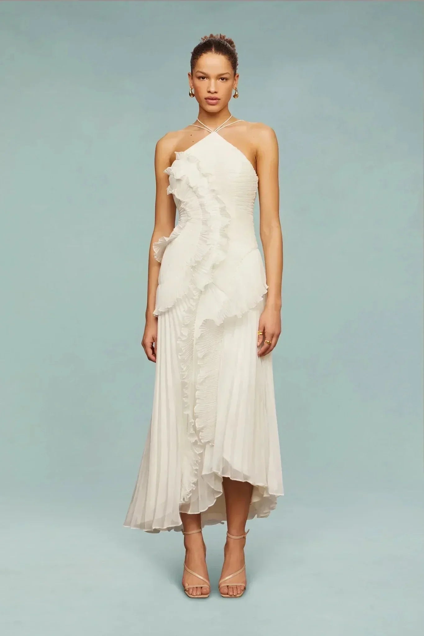 Abito maxi da donna collo halter plissettato lunghezza completa vestibilità