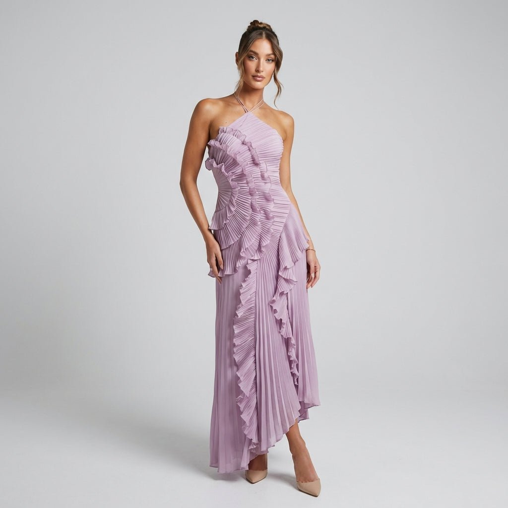 Abito maxi da donna collo halter plissettato lunghezza completa vestibilità