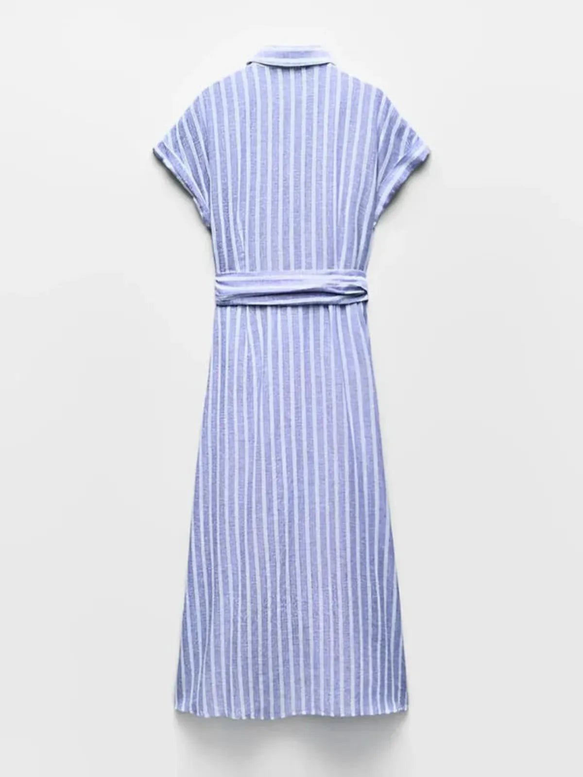 Women Maxi Dress Linen Striped Short Sleeve Button Closure