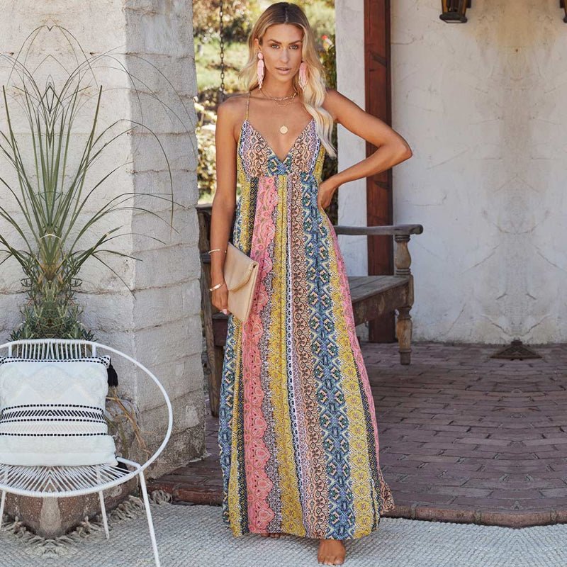 Robe maxi femme coupe ample col en V dos nu rayée