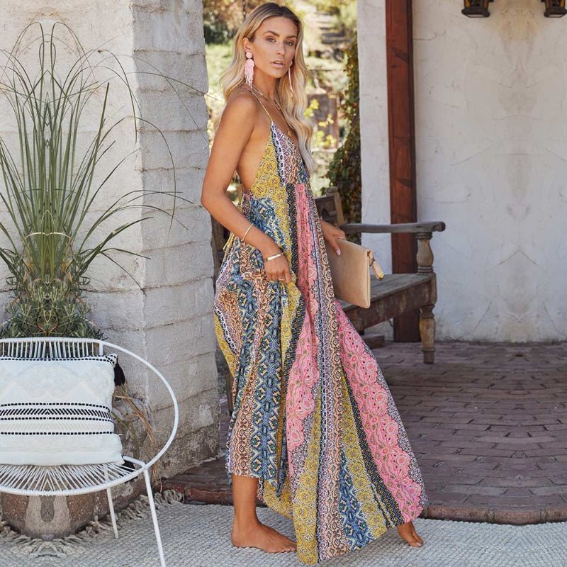 Robe maxi femme coupe ample col en V dos nu rayée